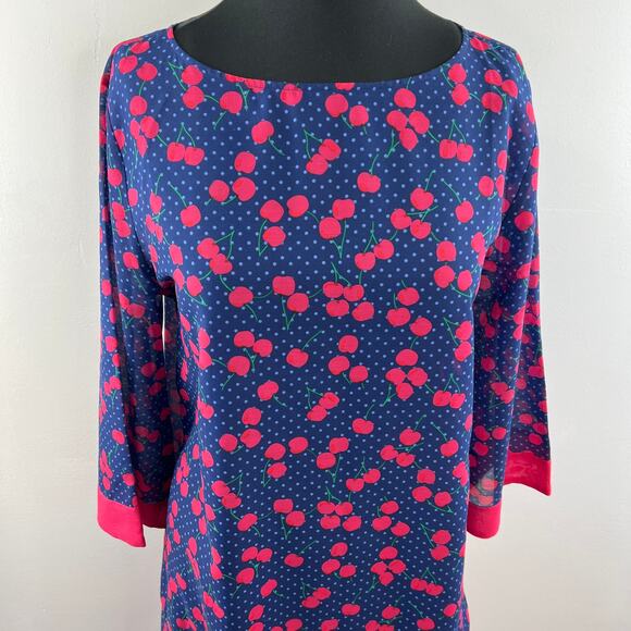 TALBOTS Blue Red Cherry Print Boat Neck 3/4 Sleeve Shift Dress Swim Cover Up M - Picture 2 of 7